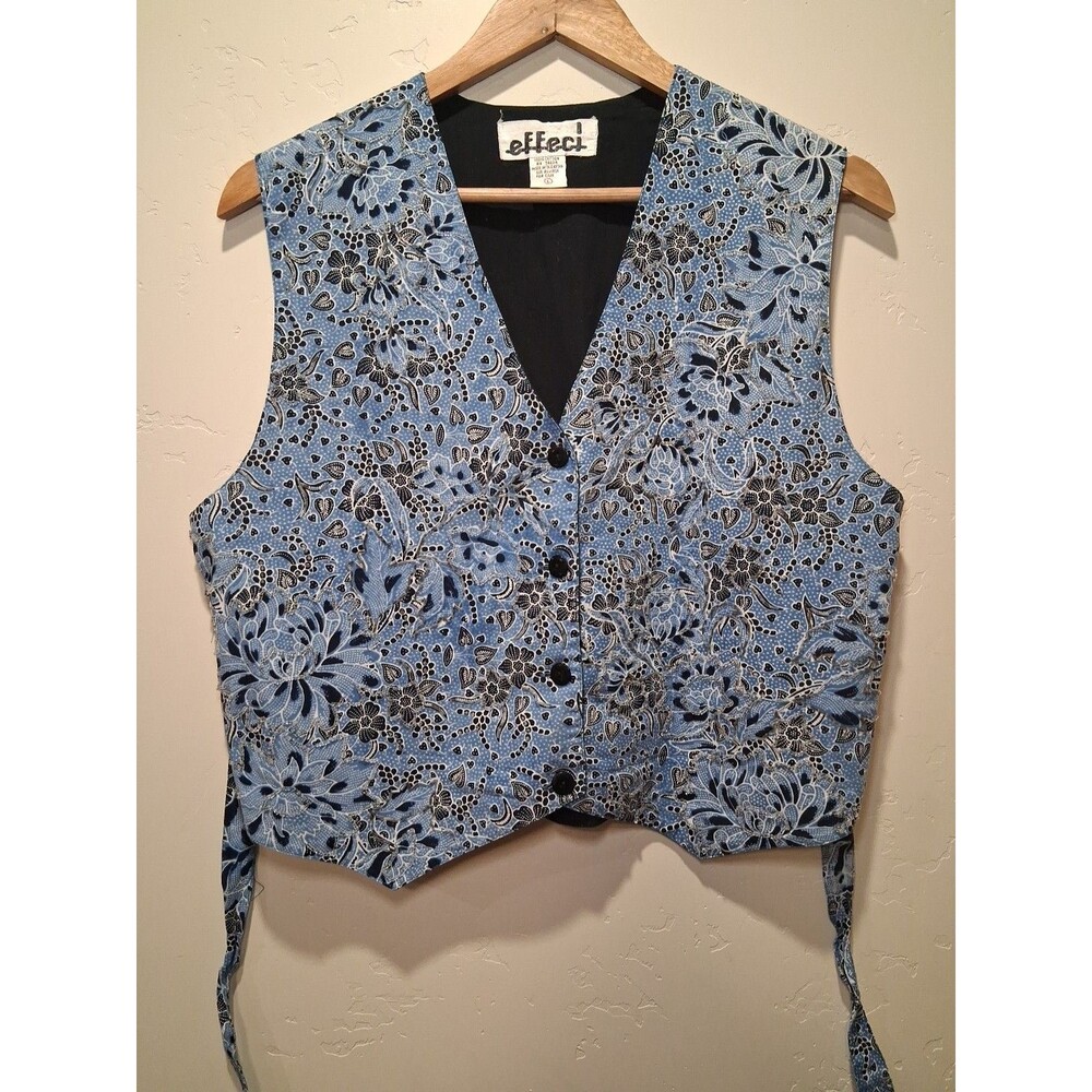Effeci VTG 90's Vest Beaded Blue Floral & Leaf Pattern V-Neck Woven Women's L